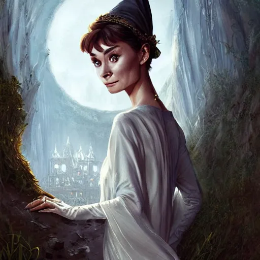 Image similar to audrey hepburn as a witch in an epic fantasy novel, various backgrounds, intricate, elegant, highly detailed, digital painting, artstation, matte, illustration, art by artgerm, greg rutkowski