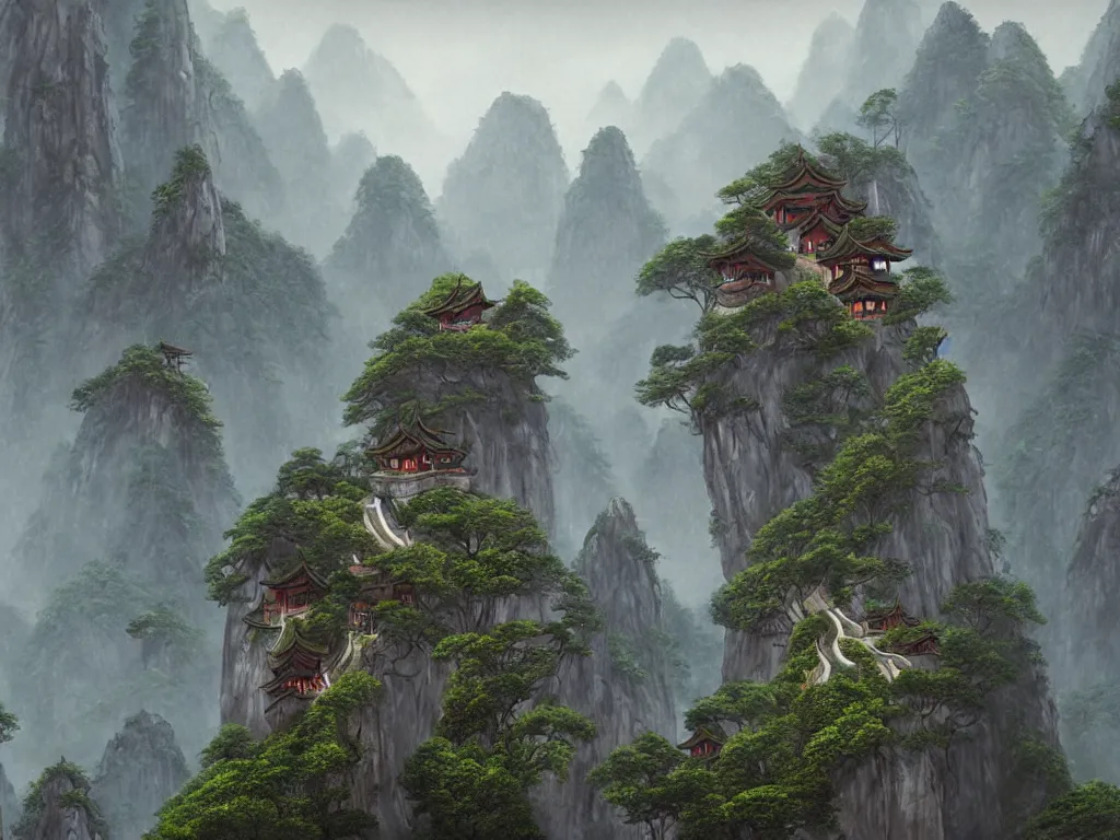 Prompt: futuristic beautiful mountainous landscape of huangshan with buddisht and taoist temples on hilltops on a rainy day by gediminas pranckevicius