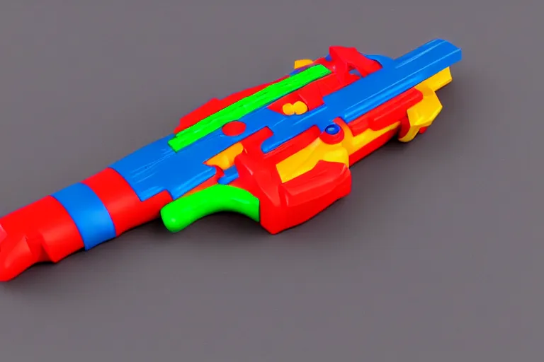 Prompt: product photo of toy hand gun made by fisher price, colorful plastic, high quality, intricate detail, realistic textures, octane render, unreal engine 5, hyperrealism