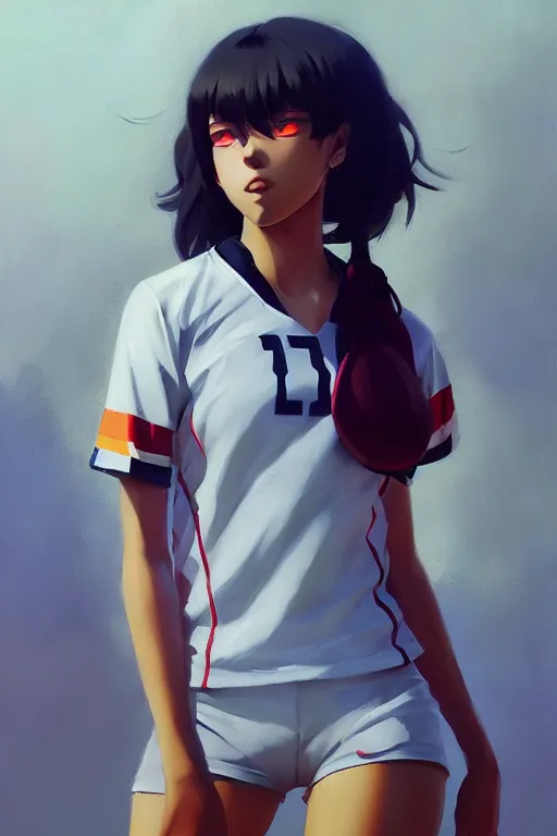 Image similar to A ultradetailed beautiful panting of a stylish woman wearing a volleyball jersey, Oil painting, by Ilya Kuvshinov, Greg Rutkowski and Makoto Shinkai