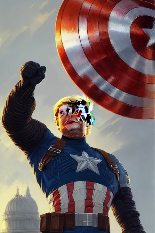 Image similar to Donald Trump as Captain America full body portrait, D&D, fantasy, intricate, elegant, highly detailed, digital painting, artstation, concept art, matte, sharp focus, illustration, art by Artgerm and Greg Rutkowski and Alphonse Mucha