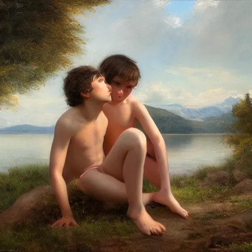 Prompt: in the style of William Whitaker and Goyo Dominguez, a boy and a girl stay in the lake,very high details, facial details, Realism painting, 4K ,