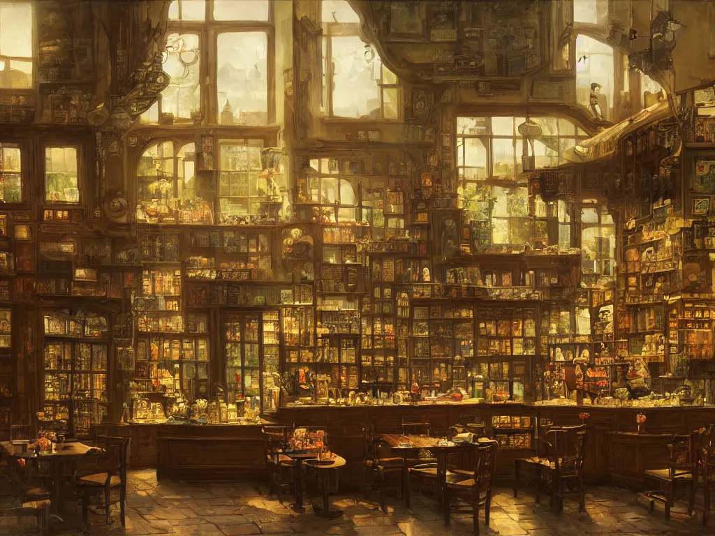 Image similar to a beautifully and highly detailed painting of a tea shop, by marc simonetti, david friedrich and franz sedlacek,