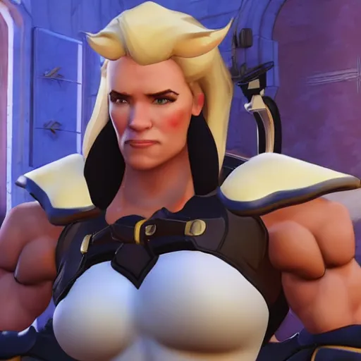 Image similar to a screenshot of arnold schwarzenegger as mercy in overwatch, full body shot