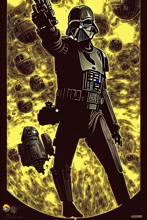 Image similar to platonic ideal of han solo, nazgul mandelbulb, deathstar, millenium falcon, detailed, stormtroopers, darth vader, action pose, intricate, volumetric lighting, moebius, geof darrow, dan mumford, alphonse mucha, poster,