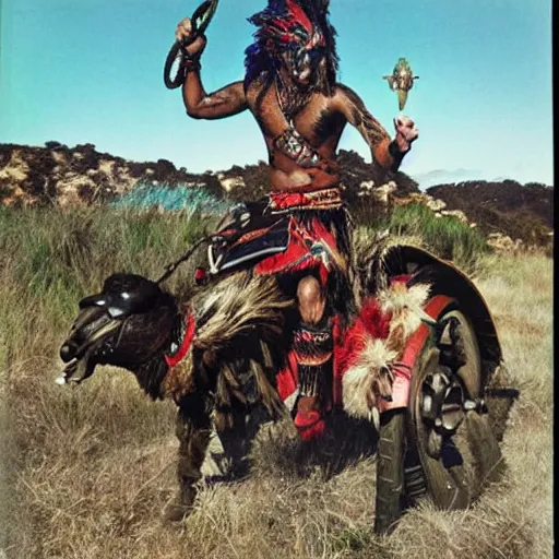 Image similar to Maori warrior on ancient motorcucle with drone by david lachapelle, old photo, vintage