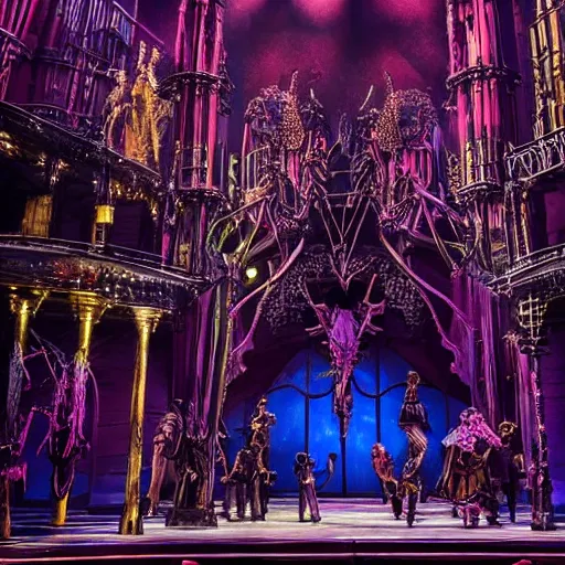 Image similar to photo, a highly - themed dramatic broadway musical set design with huge spectacle, dark and moody futuristic, a dark gothic psychedelic palace