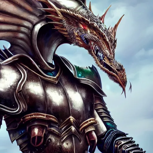 Image similar to highly detailed realistic stunning close up shot of a beautiful anthropomorphic female knight but as a dragon, doing a hot majestic pose, armor made of steel, sharp claws, HD octane render, epic cinematography, fantasy, Artstation, Deviantart, Furaffinity