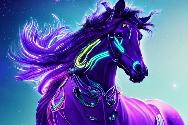 Image similar to a stunning horse with bioluminescent mane and tail running in space by sandra chevrier and greg rutkowski, neon hooves, purple blue color scheme, vaporware, retro, outrun, high key lighting, volumetric light, digital art, highly detailed, fine detail, intricate, ornate, complex, octane render, unreal engine, photorealistic