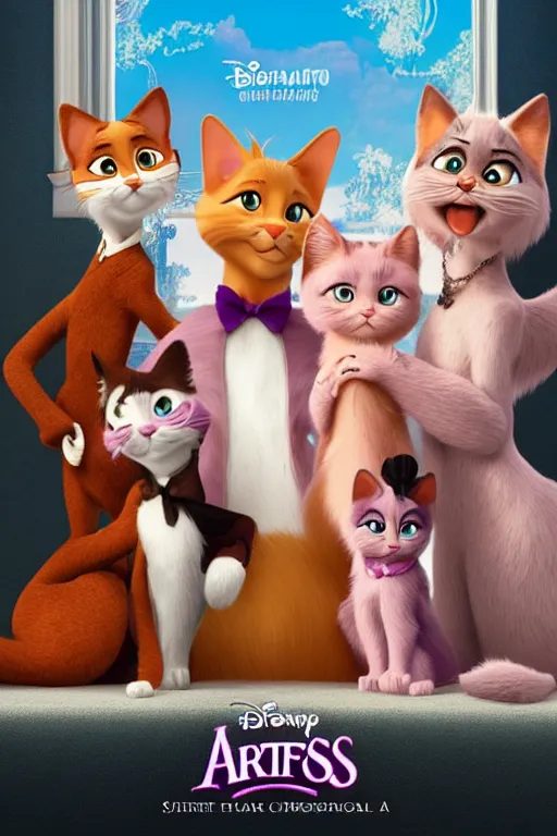 Image similar to aristocats movie poster, cgi, cinema, realistic