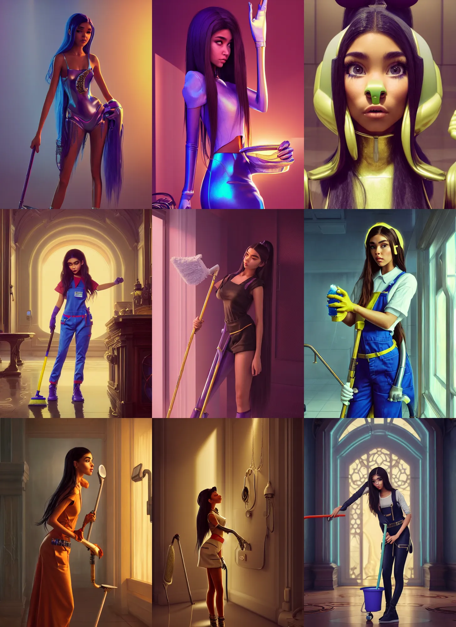 Prompt: madison beer as edm janitor | jewelry | glamorous oily soft polished rich alluring ornate modern | weta disney pixar movie still photo | hi - fructose, sci fi fantasy, smooth, octane render, sharp focus, artstation, concept art | artgerm, mucha, beeple, rhads, rutkowski, wlop, loish |