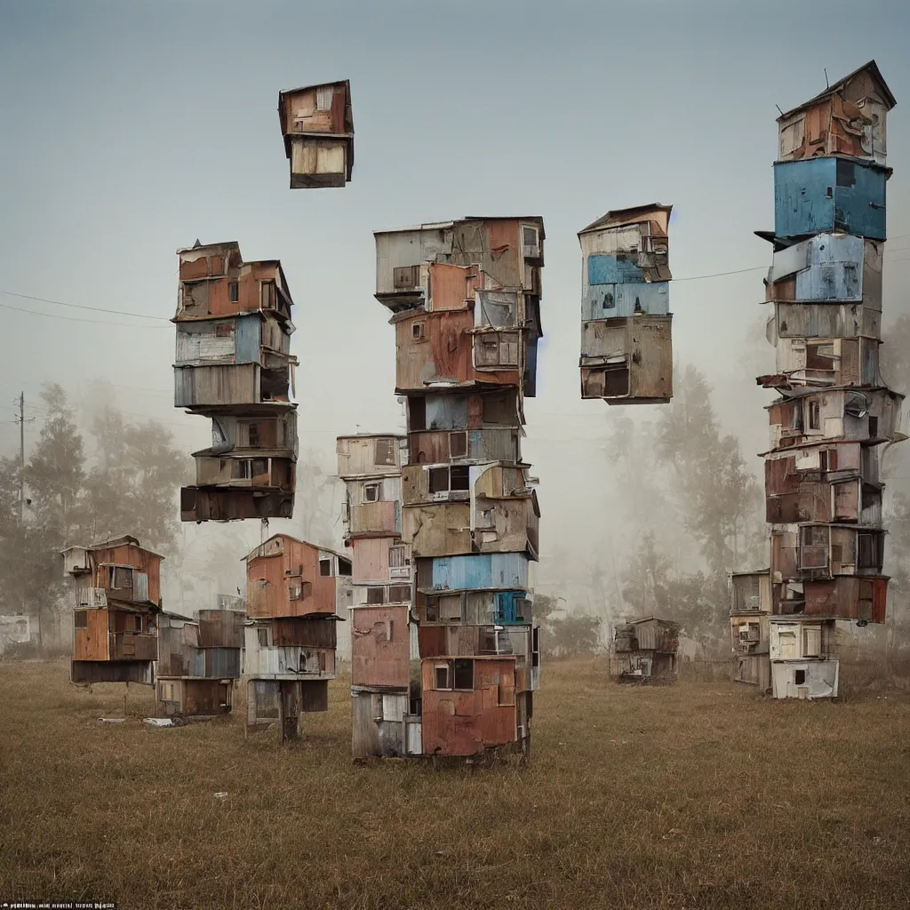 Prompt: towers made up of stacked makeshift squatter shacks with faded colours suspended over a quagmire, plain uniform sky at the back, misty, mamiya, ultra sharp, very detailed, photographed by julie blackmon, cristina de middel and john chiara