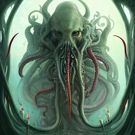 Prompt: curiosities from cthulhu, soft paint of a single curvy beautiful necromancer of madness and insanity in full mage armor, symmetry accurate features, horror, tentacles, dense volumetric fog, focus, very intricate ultrafine details, gloomy colors, award winning masterpiece, tom bagshaw artstyle