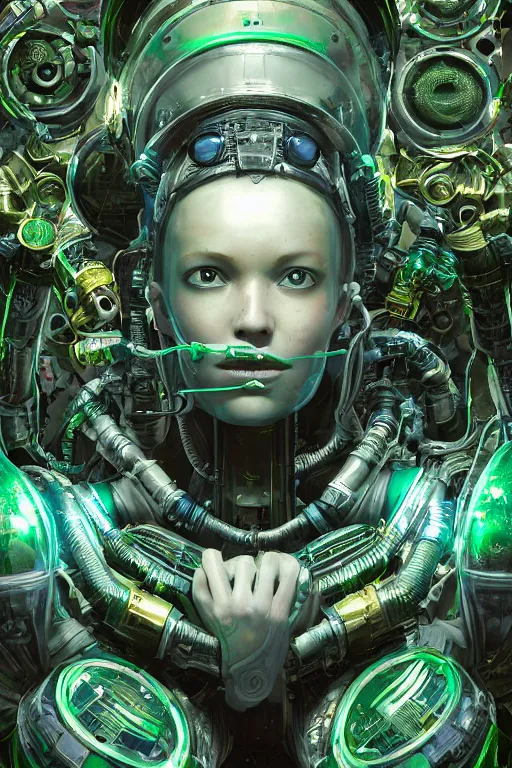 Image similar to Portrait of a biopunk sci-fi cyborg, third person, D&D, sci-fi fantasy, tubes and tanks and bulkheads, intricate, green and gold, highly detailed, art by Range Murata, highly detailed, 3d, octane render, bright colors, digital painting, trending on artstation, sharp focus, illustration style of Stanley Artgerm, background in a cinematic