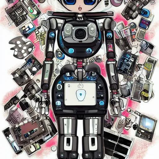 Image similar to Anime manga robot!! Anime girl, cyborg girl, exposed wires and gears, fully robotic!! girl, manga!! in the style of Junji Ito and Naoko Takeuchi, cute!! chibi!!! Schoolgirl, epic full color illustration, tattoo