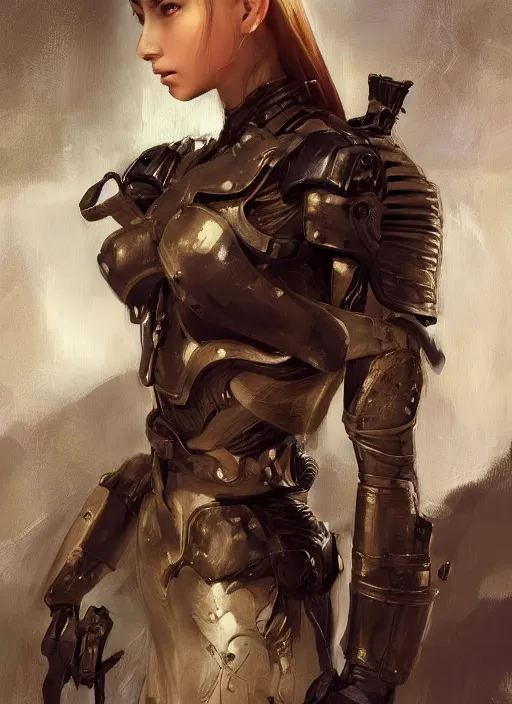 Image similar to a professional painting of a beautiful young female, clothed in military armor, olive skin, long dark hair, beautiful bone structure, symmetrical facial features, intricate, elegant, digital painting, concept art, smooth, sharp focus, illustration, from Metal Gear, by Ruan Jia and Mandy Jurgens and Artgerm and William-Adolphe Bouguerea