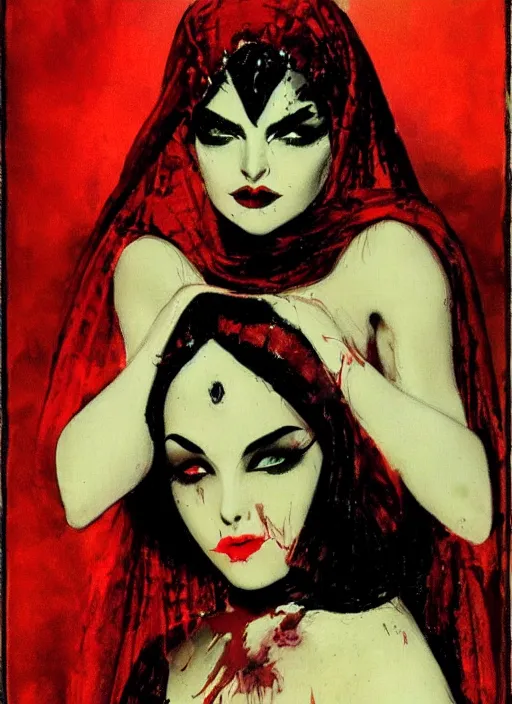 Image similar to portrait of svelt iranian vampiress, jeweled veil, strong line, saturated color, beautiful! coherent! by frank frazetta, high contrast, blood splatter background