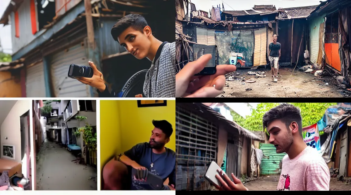 Prompt: a rich youtuber vlogging himself inside a slum