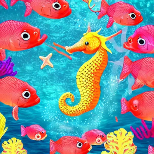 Image similar to beautiful blonde female mermaid riding colorful seahorse underwater surrounded by fish