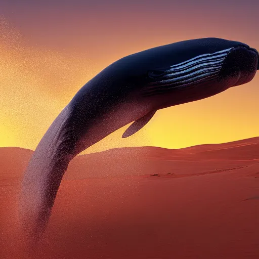 Image similar to a giant whale flying above a desert, golden hour, realism, 4 k, octane render, award winning photograph