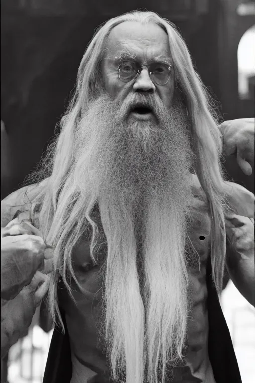 Prompt: Dumbledore is a jacked muscle builder gigachad, grayscale photography