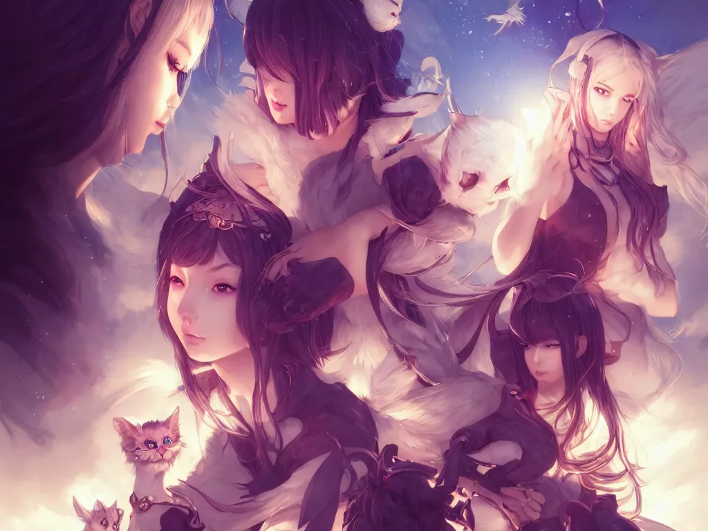 Image similar to lovely summoner girls with their magical animal companions, occlusion shadow, specular reflection, rim light, unreal engine, artgerm, artstation, art by hiroaki samura and ilya kuvshinov and ossdraws, high quality, intricate detailed 8 k, fantasy illustration, extremely beautiful and aesthetic shape of face and body, movie poster