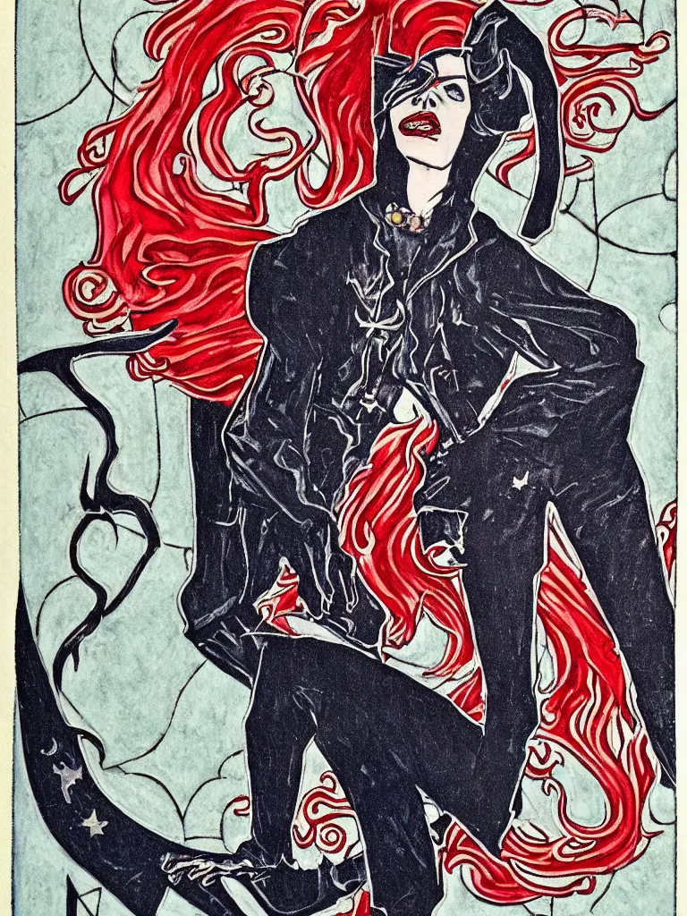 Prompt: art nouveau, David Bowie, one single figure, tarot card, vampire, sharp teeth, leather jacket, jeans, long red hair, full body