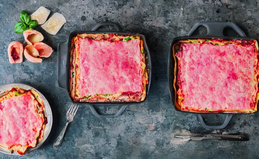 Prompt: pink lasagna, food photography, outdoors