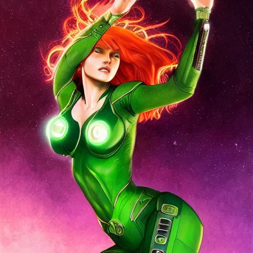 Image similar to ultra realistic illustration, bella thorne as starfire anime with glowing green eyes, intricate, elegant, highly detailed, digital painting, artstation, concept art, smooth, sharp focus, illustration, art by artgerm and greg rutkowski and alphonse mucha