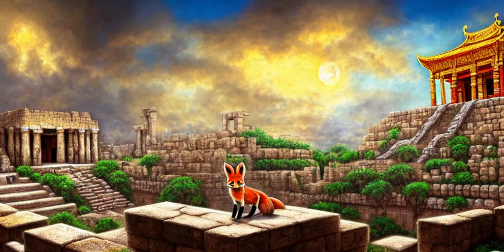 Image similar to illusion painting hidden temple : an adorable small fox in the huge ruins of the second temple in jerusalem in the distance. the third temple hovers quietly hiding in the dreamy clouds above. a hooded bearded old man in a brown tunic laughing, colorful 8 k, art station, intricate superb details, digital art, illusion painting hidden image.