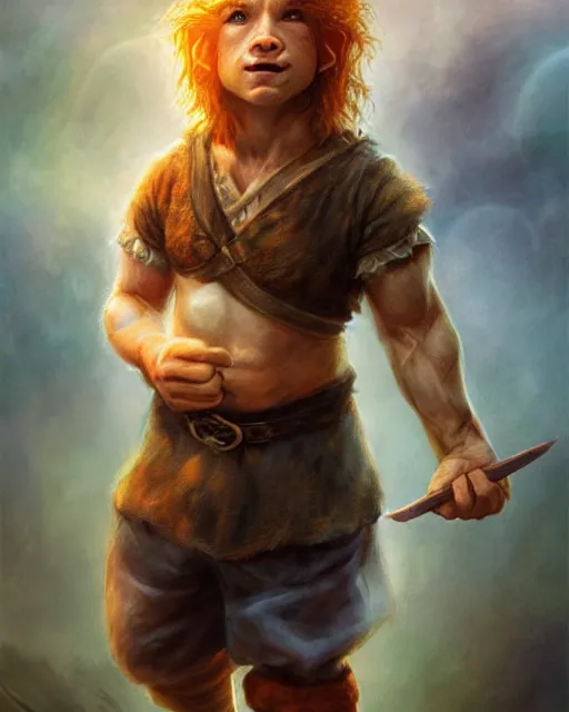 Prompt: hobbit halfling, perfect face, magic, halter top, ginger hair, abs, cinematic, freckles, stunning, adorable, cute, athletic, strong, agile, highly detailed, psychedelic, digital painting, artstation, smooth, hard focus, illustration, art by jessica rossier and and brian froud