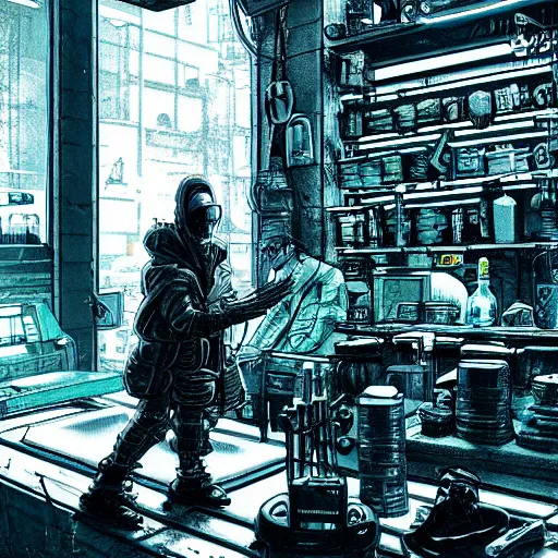 Prompt: cyberpunk merchant in their shop, Industrial Scifi, detailed illustration, Chiaroscuro, character art, by Martin Grip and Moebius