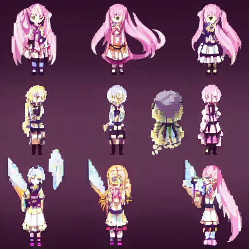 Prompt: pixel art madoka magika boho cute beautiful druid girl spritesheet mystical anime character design full body, scarf, detailed, realistic proportions