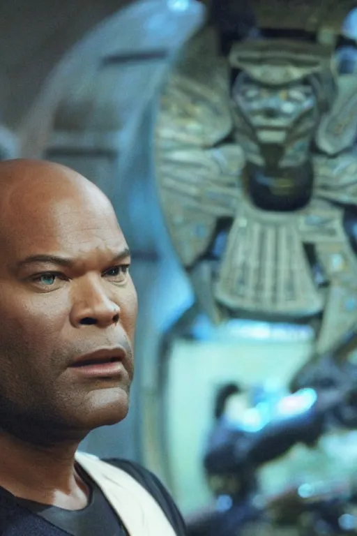 Image similar to movie still of Christopher Judge playing Teal\'c in an episode of Stargate SG-1, a ruggedly handsome hero, intricate, elegant, highly detailed, centered, digital painting, artstation, concept art, smooth, sharp focus, illustration, art by artgerm and donato giancola and Joseph Christian Leyendecker, Ross Tran, WLOP