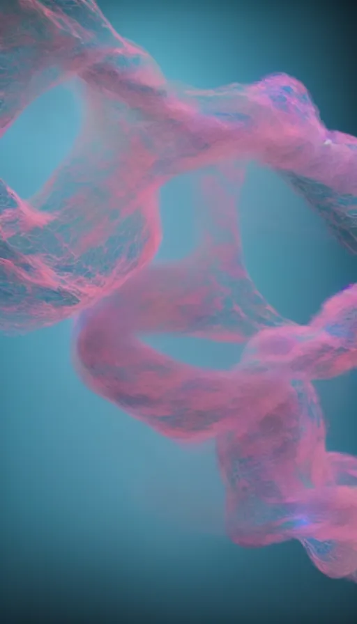 Prompt: 8 k uhd houdini recursive dna structure, background radiant swirling smoke wisps, dreamy colors, magical volumetric lighting, 1 8 mm lens