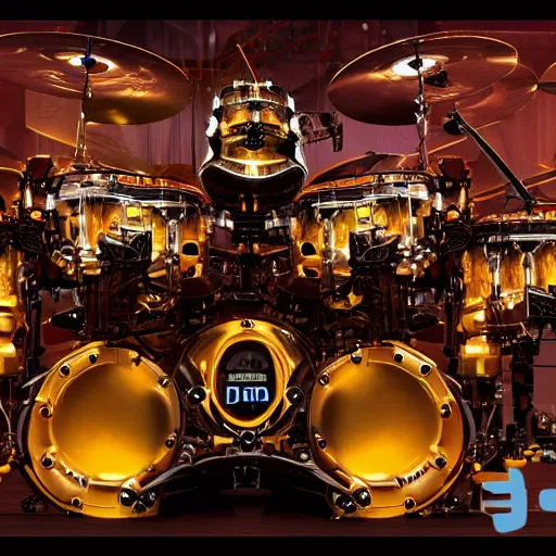 Image similar to huge robotic drumset on a stage with a golden shiny electric guitar amp, the drumset is futuristic steampunk style with gears and tubes, 8 k, fluorescent colors, halluzinogenic, multicolored, exaggerated detailed, unreal engine - h 7 6 8