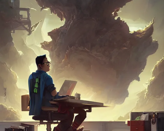 Image similar to an insanely detailed painting of a nerdy asian man wearing a superhero costume, sitting at a desk, staring at the nervously at the computer and typing, in the style of peter mohrbacher, dramatic lighting and composition, octane render, pixar, trending on artstation, concept art, comic book, view from behind