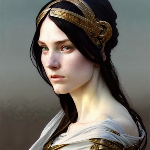 Image similar to Portrait of a female cleric wearing a kerchief covering her ears. She has blue eyes, black hair, porcelain skin, full lips, high slanted cheekbones. Fantasy art by artgerm and greg rutkowski and alphonse mucha, intricate, elegant, highly detailed, digital painting, concept art, illustration, award winning on artstation, D&D, AD&D.