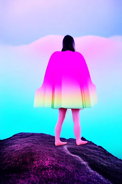 Image similar to high quality pastel coloured film close up wide angle photograph of a model wearing clothing swimming on cloud furniture in a icelandic black rock!! environment in a partially haze filled dreamstate world. three point light, rainbow. photographic production. art directed. pastel colours. volumetric clouds. pastel gradient overlay. waves glitch artefacts. extreme facial clarity. 8 k. filmic.