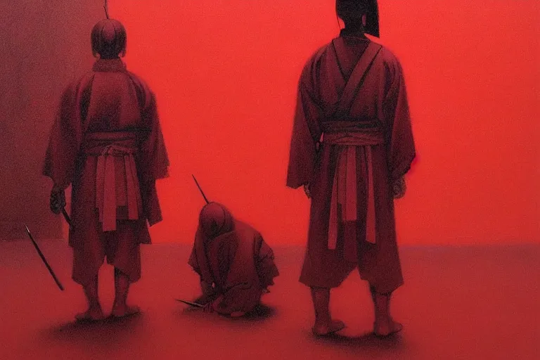 Image similar to only with red, a red samurai harakiri, tokio, a lot of frogs watch, in the style of beksinski, parts by edward hopper, parts by rodcenko, parts by yue minjun, intricate and epic composition, red by caravaggio, insanely quality, highly detailed, masterpiece, red light, artstation, 4 k