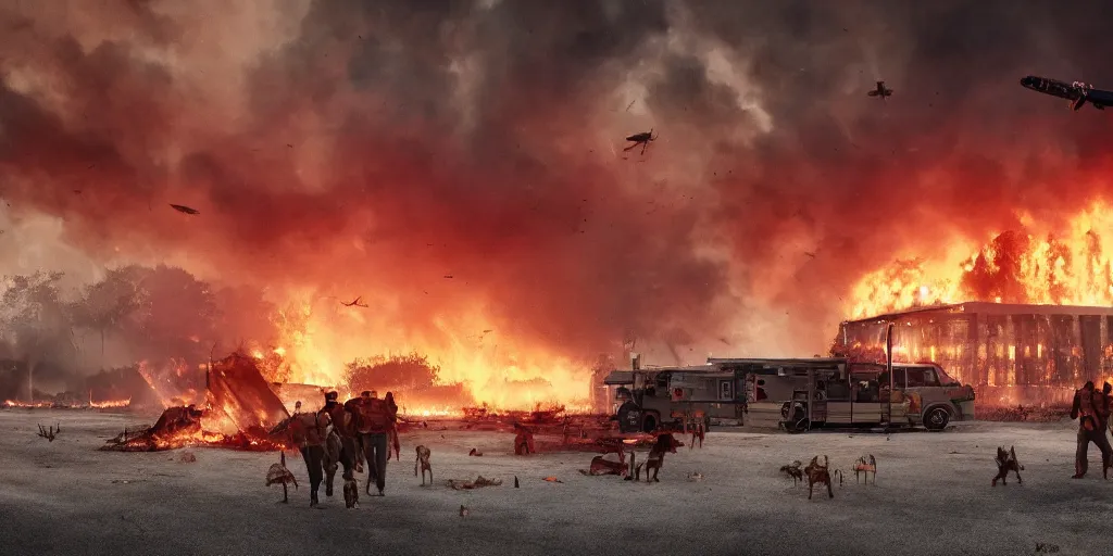 Prompt: realistic cinematic views of a refuge riot with fires in the background and dead animals falling from the sky in front of the UN building, hyper detailed, hyper realistic, digital painting, 8k, 35mm film grain, octane render