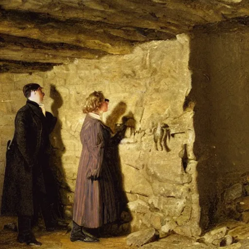 Image similar to young victorian man and woman investigators solving a riddle carved into a stonewall in a dungeon, by alfred stevens