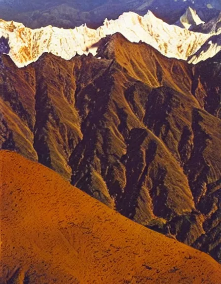 Image similar to vintage color photo of Cordillera De Los Andes covered in liquid gold reflecting light, 8k definition