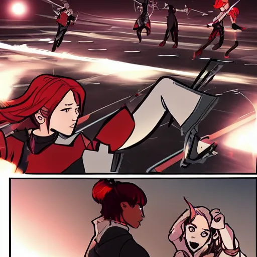 Image similar to Team RWBY fight scene, comic book art