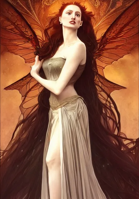 Image similar to sansa angeline jolie gessica chastain dark fairy, intricate, elegant, highly detailed, digital painting, artstation, concept art, smooth, sharp focus, illustration, art by artgerm and greg rutkowski and alphonse mucha and william - adolphe bouguereau