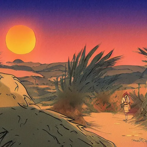 Image similar to sunset in the desert, fantasy art, illustration, animated film, by studio ghibli