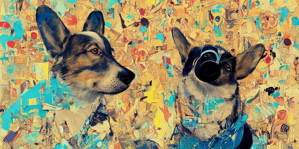 Image similar to beautiful painting of a corgi royalty, by Jamie Hewlett, Victo Ngai, Ismail Inceoglu. trending on Artstation, 8k, masterpiece, graffiti paint, fine detail, full of color, intricate detail, golden ratio illustration