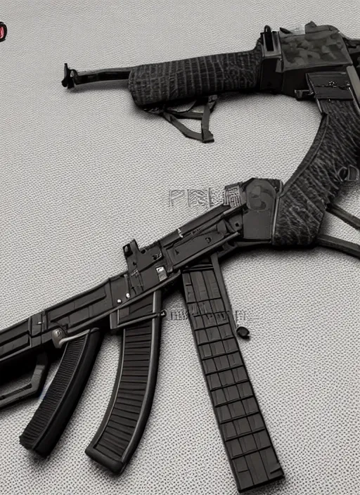 Image similar to hyperrealistic and heavy detailed product photo of ak - 7 4, in front rifle of white back drop, whole is in picture, vivid color, high quality, high textured, real life