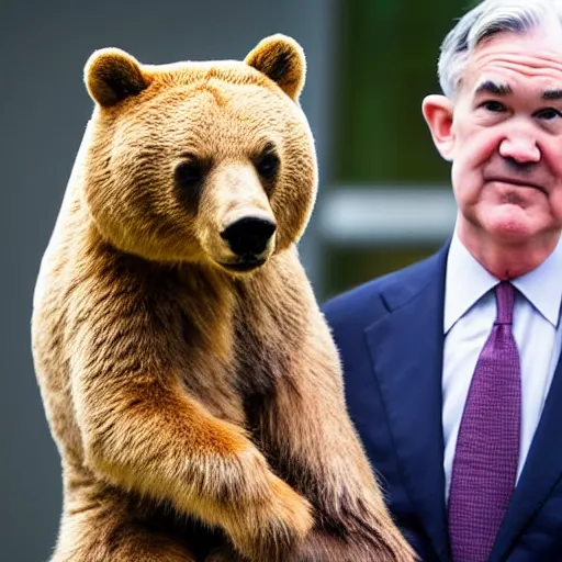 Prompt: photo of Jerome Powell holding a bear