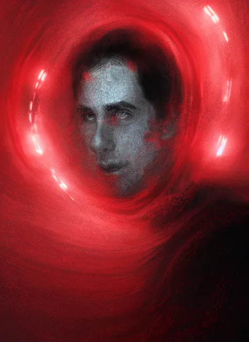 Image similar to portrait of a man drifting in a void, his body wasting away while he's accompanied only by a red led, hauntingly beautiful illustration, digital art, trending on artstation